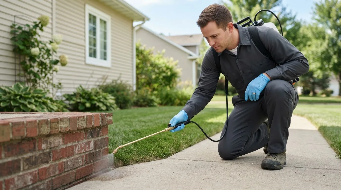 Pest control technician treating a home near Moscow, IA